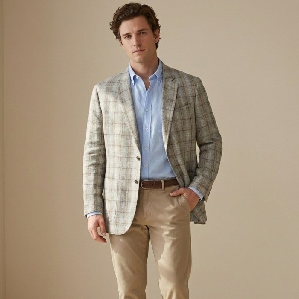 Tasso Ella Linen Blazer Mens XXL Tan Plaid Check Woven Suit Jacket‎ Preppy NWT